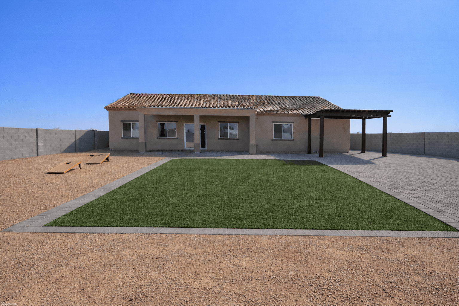 After — backyard with turf, paver patio, and pergola — Chandler, AZ