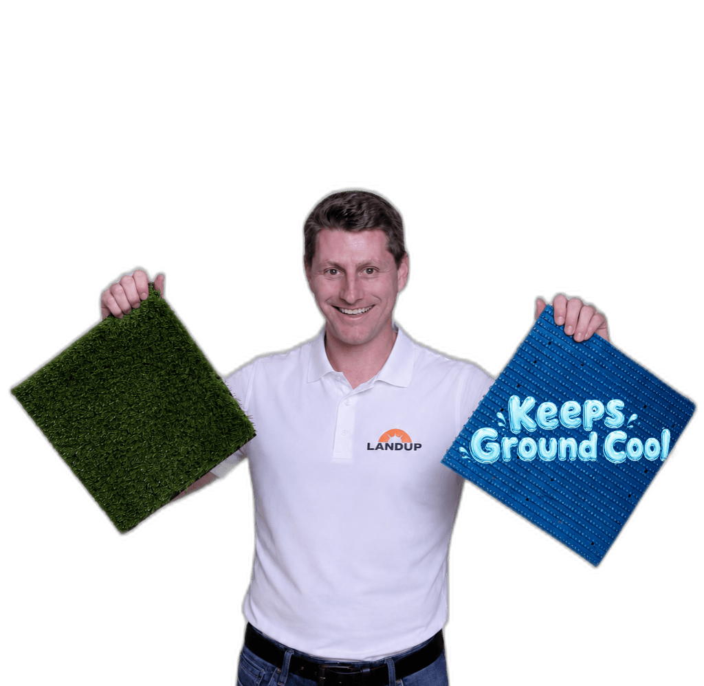 LandUp crew member holding kid turf samples