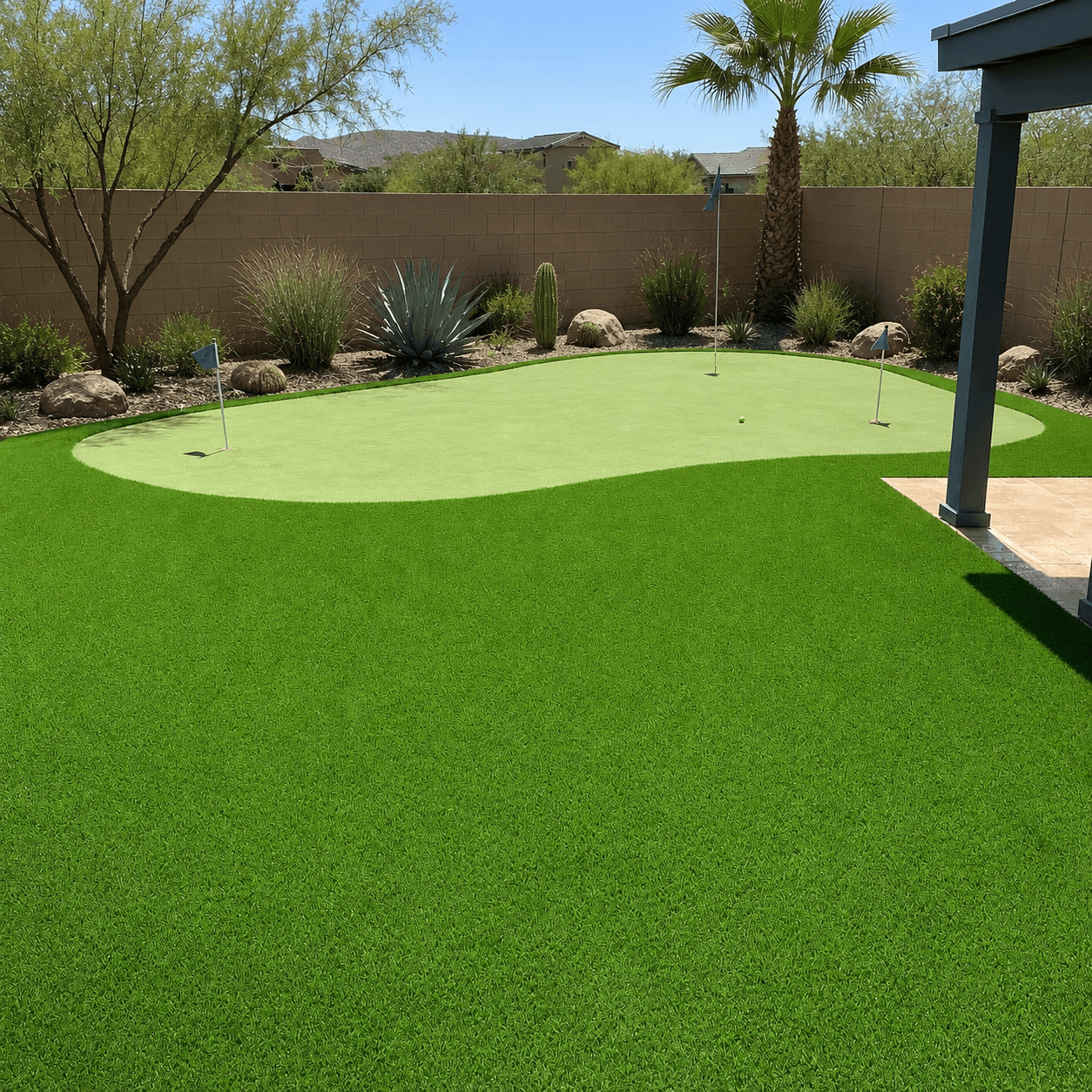 Backyard putting green combined with artificial turf lawn — Phoenix, AZ